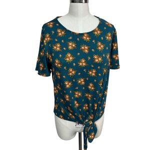 Nine Britton Maybelle Tie Front Floral Print Knit Short Sleeve Top Teal Small ew